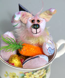 Floppity Flip-Flop is the tiniest and sweetest, one of a kind rabbit in beautifully coloured mohair and designer fabric by Barbara Ann Bears, she stands just 4.5 inches/11.5 cm tall, she is 3.3 inches/8cm sitting, she is made from a Peter Rabbit cotton fabric with a mohair face, tail and chest and hand dyed velvet,