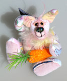 Floppity Flip-Flop is the tiniest and sweetest, one of a kind rabbit in beautifully coloured mohair and designer fabric by Barbara Ann Bears, she stands just 4.5 inches/11.5 cm tall, she is 3.3 inches/8cm sitting, she is made from a Peter Rabbit cotton fabric with a mohair face, tail and chest and hand dyed velvet,