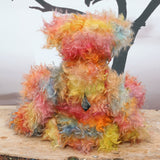 Francesco, a very handsome & colourful, traditional, one of a kind, mohair artist teddy bear,  by Barbara Ann Bears, he stands 17.5 inches (45cm) tall and is 12.5 inches (32cm) sitting. Francesco is made from long distressed mohair which Barbara has hand-dyed in bands of beautiful colours; blue, orange, yellow and pink