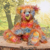 Francesco, a very handsome & colourful, traditional, one of a kind, mohair artist teddy bear,  by Barbara Ann Bears, he stands 17.5 inches (45cm) tall and is 12.5 inches (32cm) sitting. Francesco is made from long distressed mohair which Barbara has hand-dyed in bands of beautiful colours; blue, orange, yellow and pink
