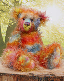 Francesco, a very handsome & colourful, traditional, one of a kind, mohair artist teddy bear,  by Barbara Ann Bears, he stands 17.5 inches (45cm) tall and is 12.5 inches (32cm) sitting. Francesco is made from long distressed mohair which Barbara has hand-dyed in bands of beautiful colours; blue, orange, yellow and pink