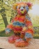 Francesco, a very handsome & colourful, traditional, one of a kind, mohair artist teddy bear,  by Barbara Ann Bears, he stands 17.5 inches (45cm) tall and is 12.5 inches (32cm) sitting. Francesco is made from long distressed mohair which Barbara has hand-dyed in bands of beautiful colours; blue, orange, yellow and pink