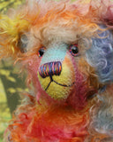 Francesco, a very handsome & colourful, traditional, one of a kind, mohair artist teddy bear,  by Barbara Ann Bears, he stands 17.5 inches (45cm) tall and is 12.5 inches (32cm) sitting. Francesco is made from long distressed mohair which Barbara has hand-dyed in bands of beautiful colours; blue, orange, yellow and pink