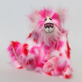 Francisco is a gloriously pink, fun-loving and comical, one of a kind artist bear by Barbara-Ann Bears in luxurious mohair and rather wild faux fur, he stands 14.5 inches/37 cm tall. Francisco is made from long, fluffy faux fur with patches of magenta, baby pink, scarlet and white, coupled with a long white mohair.
