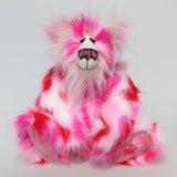 Francisco is a gloriously pink, fun-loving and comical, one of a kind artist bear by Barbara-Ann Bears in luxurious mohair and rather wild faux fur, he stands 14.5 inches/37 cm tall. Francisco is made from long, fluffy faux fur with patches of magenta, baby pink, scarlet and white, coupled with a long white mohair.