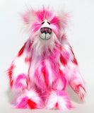 Francisco is a gloriously pink, fun-loving and comical, one of a kind artist bear by Barbara-Ann Bears in luxurious mohair and rather wild faux fur, he stands 14 inches/36 cm tall. Francisco is made from long, fluffy faux fur with patches of magenta, baby pink, scarlet and white, coupled with a long white mohair.