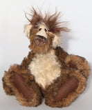 Grooble Grufflebelly is a charmingly eccentric and ridiculous, one of a kind, artist creation by Barbara-Ann Bears in wonderful tipped mohair, he stands 12.5 inches/ 32 cm tall and is 10 inches/ 23 cm sitting. Grooble Grufflebelly is mostly made from a deep and dense, medium brown mohair with black tipping