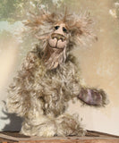 Herbie Hedge is a gentle, beautifully coloured one of a kind mohair artist bear by Barbara-Ann Bears, he stands 10 inches/25 cm tall and is 8 inches/20 cm sitting. Herbie Hedgerow is mainly made from a long, fluffy, distressed pale greyish-green mohair coupled with long, fluffy pale grey mohair and hand-dyed velvet paw pads. Herbie has hand painted eyes with eyelids, a carefully embroidered nose and he a sweet, friendly smile