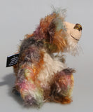Herbie is a sweet and beautifully coloured one of a kind teddy bear in hand dyed mohair by Barbara-Ann Bears, he stands 10 inches/25 cm tall and is 7.5 inches/19 cm sitting.  Herbie is made from the most gorgeous mohairs, mainly a fairly long tousled mohair hand-dyed in a subtle blend of natural colours