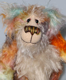 Herbie is a sweet and beautifully coloured one of a kind teddy bear in hand dyed mohair by Barbara-Ann Bears, he stands 10 inches/25 cm tall and is 7.5 inches/19 cm sitting.  Herbie is made from the most gorgeous mohairs, mainly a fairly long tousled mohair hand-dyed in a subtle blend of natural colours