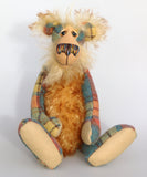 Howard Huckleford is an engagingly eccentric one of a kind artist bear in elegant tweed and wildly fluffy tipped mohair by Barbara Ann Bears He stands 14.5 inches( 37 cm) tall and is 11 inches (28 cm) sitting. Howard Huckleford is made from a beautifully coloured Harris Tweed and long, fluffy brown tipped blonde mohair
