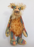 Howard Huckleford is an engagingly eccentric one of a kind artist bear in elegant tweed and wildly fluffy tipped mohair by Barbara Ann Bears He stands 14.5 inches( 37 cm) tall and is 11 inches (28 cm) sitting. Howard Huckleford is made from a beautifully coloured Harris Tweed and long, fluffy brown tipped blonde mohair