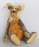 Howard Huckleford is an engagingly eccentric one of a kind artist bear in elegant tweed and wildly fluffy tipped mohair by Barbara Ann Bears He stands 14.5 inches( 37 cm) tall and is 11 inches (28 cm) sitting. Howard Huckleford is made from a beautifully coloured Harris Tweed and long, fluffy brown tipped blonde mohair
