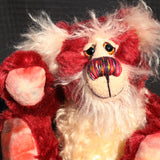 Christoff is a very cuddly and jolly one of a kind, red and cream mohair artist teddy bear by Barbara-Ann Bears who is full of love Christoff stands 10 inches( 25 cm) tall and is 7.5 inches (19 cm) sitting. Christoff is ready for a cuddle, well he's always ready for a cuddle, it's what he loves most!