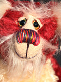Christoff is a very cuddly and jolly one of a kind, red and cream mohair artist teddy bear by Barbara-Ann Bears who is full of love Christoff stands 10 inches( 25 cm) tall and is 7.5 inches (19 cm) sitting. Christoff is ready for a cuddle, well he's always ready for a cuddle, it's what he loves most!