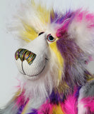 Miguel is mostly made from a very long, shaggy and dense faux fur which is black with bands of magenta, yellow, violet, grey and white. Miguel 's face, the fronts of his ears and the underside of his tail are made from a very long and soft white mohair. Miguel has large, beautiful, hand painted glass eyes with hand coloured eyelids, he has a carefully embroidered nose that incorporates all of his colours and a sweet, thoughtful smile