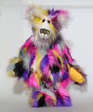 Miguel is mostly made from a very long, shaggy and dense faux fur which is black with bands of magenta, yellow, violet, grey and white. Miguel 's face, the fronts of his ears and the underside of his tail are made from a very long and soft white mohair. Miguel has large, beautiful, hand painted glass eyes with hand coloured eyelids, he has a carefully embroidered nose that incorporates all of his colours and a sweet, thoughtful smile