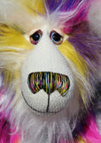 Miguel is mostly made from a very long, shaggy and dense faux fur which is black with bands of magenta, yellow, violet, grey and white. Miguel 's face, the fronts of his ears and the underside of his tail are made from a very long and soft white mohair. Miguel has large, beautiful, hand painted glass eyes with hand coloured eyelids, he has a carefully embroidered nose that incorporates all of his colours and a sweet, thoughtful smile