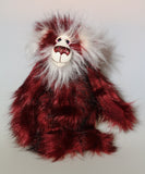Molly Cuddle a sweet and gentle one of a kind artist bear in stunning burgundy coloured faux fur and gorgeous long fluffy white mohair by Barbara-Ann Bears, she stands 10 inches/25 cm tall and is 7.5 inches/19 cm sitting. Molly Cuddle has beautiful, hand painted eyes with eyelids, a splendid nose embroidered from individual threads and a sweet, friendly smile