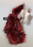 Molly Cuddle a sweet and gentle one of a kind artist bear in stunning burgundy coloured faux fur and gorgeous long fluffy white mohair by Barbara-Ann Bears, she stands 10 inches/25 cm tall and is 7.5 inches/19 cm sitting. Molly Cuddle has beautiful, hand painted eyes with eyelids, a splendid nose embroidered from individual threads and a sweet, friendly smile