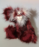 Molly Cuddle a sweet and gentle one of a kind artist bear in stunning burgundy coloured faux fur and gorgeous long fluffy white mohair by Barbara-Ann Bears, she stands 10 inches/25 cm tall and is 7.5 inches/19 cm sitting. Molly Cuddle has beautiful, hand painted eyes with eyelids, a splendid nose embroidered from individual threads and a sweet, friendly smile