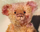 Thomas Muldoon, a traditional, one of a kind artist teddy bear, in fabulous hand dyed mohair by Barbara Ann Bears, he stands 15 inches/38cm tall and is 10.5 inches/27cm sitting. He's made from German mohair hand-dyed in many natural shades, there are several shades of copper, cinnamon, beige, gold, rose and magenta