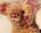 Thomas Muldoon, a traditional, one of a kind artist teddy bear, in fabulous hand dyed mohair by Barbara Ann Bears, he stands 15 inches/38cm tall and is 10.5 inches/27cm sitting. He's made from German mohair hand-dyed in many natural shades, there are several shades of copper, cinnamon, beige, gold, rose and magenta