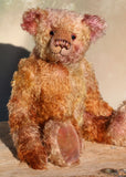 Thomas Muldoon, a traditional, one of a kind artist teddy bear, in fabulous hand dyed mohair by Barbara Ann Bears, he stands 15 inches/38cm tall and is 10.5 inches/27cm sitting. He's made from German mohair hand-dyed in many natural shades, there are several shades of copper, cinnamon, beige, gold, rose and magenta