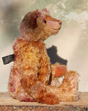 Thomas Muldoon, a traditional, one of a kind artist teddy bear, in fabulous hand dyed mohair by Barbara Ann Bears, he stands 15 inches/38cm tall and is 10.5 inches/27cm sitting. He's made from German mohair hand-dyed in many natural shades, there are several shades of copper, cinnamon, beige, gold, rose and magenta