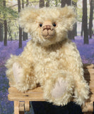 Duncan a one of a kind, traditional mohair artist teddy bear by Barbara-Ann Bears. He stands 11 inches (28cm) tall and is 8 inches (20cm) sitting. He is made from a dense wavy blonde German mohair with wool felt paw pads.  Walter is from the design we used to make Marigold's teddy bear for the TV series Downton