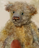 Wee Jimmy is a very handsome & subtly colourful, traditional, one of a kind artist teddy bear, in hand dyed mohair by Barbara Ann Bears, he stands 8.5 inches (21 cm) tall and is 6 inches (15 cm) sitting. He is made from a fairly short and sparse German mohair hand-dyed in natural hues green, gold, umber, blue and grey
