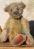 Wee Jimmy is a very handsome & subtly colourful, traditional, one of a kind artist teddy bear, in hand dyed mohair by Barbara Ann Bears, he stands 8.5 inches (21 cm) tall and is 6 inches (15 cm) sitting. He is made from a fairly short and sparse German mohair hand-dyed in natural hues green, gold, umber, blue and grey