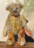 Wee Jimmy is a very handsome & subtly colourful, traditional, one of a kind artist teddy bear, in hand dyed mohair by Barbara Ann Bears, he stands 8.5 inches (21 cm) tall and is 6 inches (15 cm) sitting. He is made from a fairly short and sparse German mohair hand-dyed in natural hues green, gold, umber, blue and grey