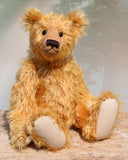 William is an elegant and charming, classical, one of a kind, traditional artist teddy bear by Barbara Ann Bears, he stands 14 inches/36cm tall and is 10 inches/26 cm sitting. William is made from a beautiful, slightly sparse, fairly long, feathery, strawberry blonde coloured German mohair