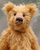 William is an elegant and charming, classical, one of a kind, traditional artist teddy bear by Barbara Ann Bears, he stands 14 inches/36cm tall and is 10 inches/26 cm sitting. William is made from a beautiful, slightly sparse, fairly long, feathery, strawberry blonde coloured German mohair