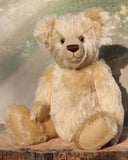 Willoughby is a sweet and cuddly, traditional one of a kind, artist teddy bear made in splendid German mohair by Barbara Ann Bears, he stands 18.5 inches (47cm) tall and is 13.5 inches (34cm) sitting. He is made from dense, blond, straight pile, German mohair with beige wool-felt paw pads & hand painted beautiful eyes