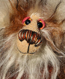 Willy Nilly, a little, one of a kind, mohair artist bear by Barbara-Ann Bears in brown and cream tipped mohair