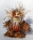 Willy Nilly, a little, one of a kind, mohair artist bear by Barbara-Ann Bears in brown and cream tipped mohair