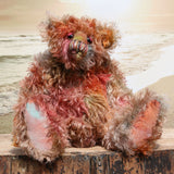Winnie McInnery, a wild, quite large and characterful, one of a kind artist bear by Barbara-Ann Bears in gorgeous scraggly hand dyed mohair, she stands 19 inches (48 cm) tall and is 13.5 inches (34 cm) sitting. She is made from a gorgeous, long, straggly mohair that Barbara has dyed in a multitude of natural colours