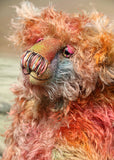 Winnie McInnery, a wild, quite large and characterful, one of a kind artist bear by Barbara-Ann Bears in gorgeous scraggly hand dyed mohair, she stands 19 inches (48 cm) tall and is 13.5 inches (34 cm) sitting. She is made from a gorgeous, long, straggly mohair that Barbara has dyed in a multitude of natural colours