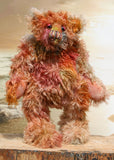 Winnie McInnery, a wild, quite large and characterful, one of a kind artist bear by Barbara-Ann Bears in gorgeous scraggly hand dyed mohair, she stands 19 inches (48 cm) tall and is 13.5 inches (34 cm) sitting. She is made from a gorgeous, long, straggly mohair that Barbara has dyed in a multitude of natural colours