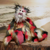 Zanzibar is a magnificent, richly colourful one of a kind, artist teddy bear in fabulous faux fur & gorgeous mohair by Barbara-Ann Bears Melchior stands 20 inches (51 cm) tall and is 16 inches (41 cm) sitting He is a fabulous artist teddy bear, made from the long shaggy mohair and faux fur