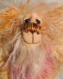 He has beautiful, hand painted eyes with hand coloured eyelids, a splendid little nose embroidered from individual threads to compliment his colouring and he has a sweet, friendly smile. Ziggy Scrumdumpling could be your perfect bear, he's very happy and is small enough to fit in your pocket and travel around with you. He will always be very with a twinkle in his eye and that happy smile whenever you need it.