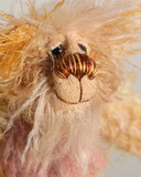 He has beautiful, hand painted eyes with hand coloured eyelids, a splendid little nose embroidered from individual threads to compliment his colouring and he has a sweet, friendly smile. Ziggy Scrumdumpling could be your perfect bear, he's very happy and is small enough to fit in your pocket and travel around with you. He will always be very with a twinkle in his eye and that happy smile whenever you need it.