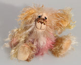 Ziggy Scrumdumpling a lovable, colourful, little one of a kind, hand dyed mohair artist bear by Barbara-Ann Bears, he is one of our smallest bears, he stands just 5.5 inches/14 cm tall and is 4.5 inches/11 cm sitting. He's mainly a scruffy sparse mohair which Barbara has dyed in delicate shades of beige, cream and peach