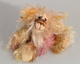 Ziggy Scrumdumpling a lovable, colourful, little one of a kind, hand dyed mohair artist bear by Barbara-Ann Bears, he is one of our smallest bears, he stands just 5.5 inches/14 cm tall and is 4.5 inches/11 cm sitting. He's mainly a scruffy sparse mohair which Barbara has dyed in delicate shades of beige, cream and peach