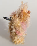 Ziggy Scrumdumpling a lovable, colourful, little one of a kind, hand dyed mohair artist bear by Barbara-Ann Bears, he is one of our smallest bears, he stands just 5.5 inches/14 cm tall and is 4.5 inches/11 cm sitting. He's mainly a scruffy sparse mohair which Barbara has dyed in delicate shades of beige, cream and peach