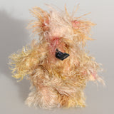 Ziggy Scrumdumpling a lovable, colourful, little one of a kind, hand dyed mohair artist bear by Barbara-Ann Bears, he is one of our smallest bears, he stands just 5.5 inches/14 cm tall and is 4.5 inches/11 cm sitting. He's mainly a scruffy sparse mohair which Barbara has dyed in delicate shades of beige, cream and peach