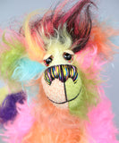 Zoiks! is a rather colourful and comical one of a kind artist bear in beautiful, fluffy hand dyed mohair and faux fur by Barbara Ann Bears. Zoiks! stands 10.5 inches( 33 cm) tall and is 8 inches (20 cm) sitting, this doesn't include his plumes of hair which add another 3 inches/ 7.5cm.