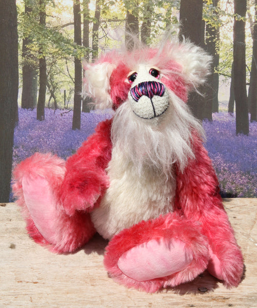 Ada is a sweet, pretty in pink, one of a kind, hand dyed mohair artist teddy bear by Barbara-Ann Bears, Ada stands 12 inches/30 cm tall She is made from hand dyed pink mohair, together with long fluffy white mohair, hand dyed velvet paw pads, hand painted eyes with eyelids, a beautifully embroidered nose and sweet smile